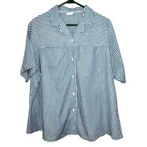 Land & Sea Striped Blue & White Button-Up Short Sleeve Collared Shirt size 16